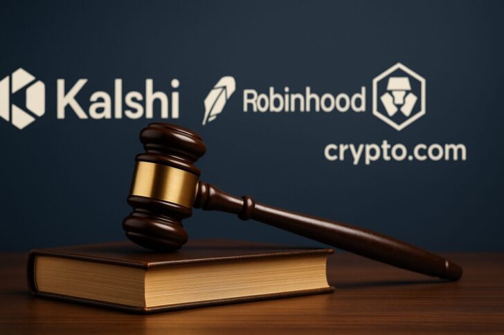 コネチカット州規制当局がKalshi、Robinhood、Crypto.comのスポーツ賭博を停止したことを象徴する判事の木槌とロゴの画像