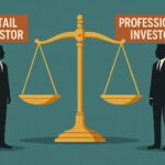 FCAが個人投資家とプロ投資家の境界線を示すイメージ図。天秤と二つの投資家シルエットが描かれている。