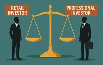 FCAが個人投資家とプロ投資家の境界線を示すイメージ図。天秤と二つの投資家シルエットが描かれている。
