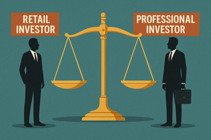 FCAが個人投資家とプロ投資家の境界線を示すイメージ図。天秤と二つの投資家シルエットが描かれている。