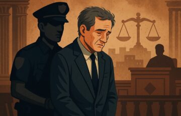 ハリウッド監督が裁判所で警察官に付き添われている様子を描いたイラスト。仮想通貨投資への資金流用事件を象徴した courtroom シーン。