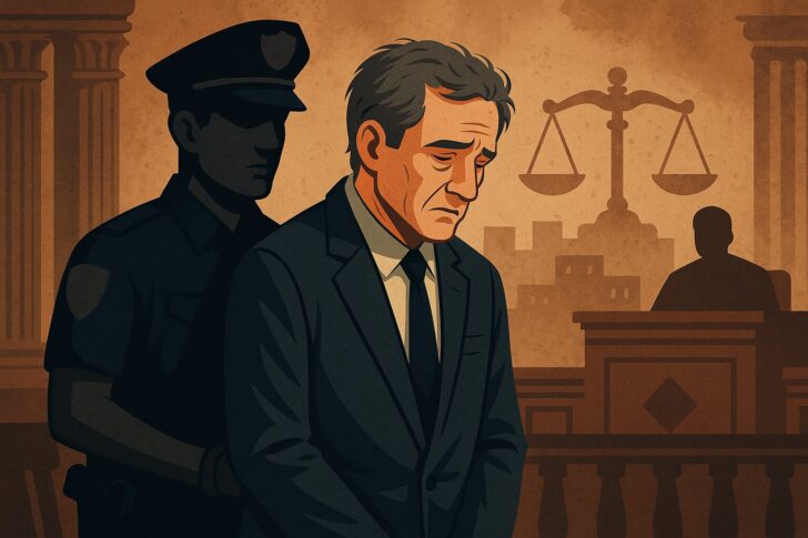 ハリウッド監督が裁判所で警察官に付き添われている様子を描いたイラスト。仮想通貨投資への資金流用事件を象徴した courtroom シーン。