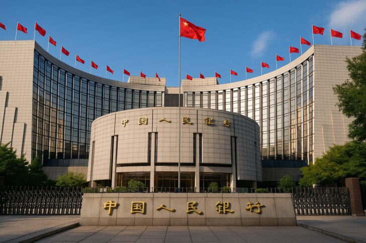 中国人民銀行本部の外観。中央に中国国旗が掲げられ、仮想通貨とステーブルコイン取締り強化の文脈を示すイメージ。