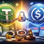 TetherとCircleによるステーブルコイン凍結対応の違いを象徴的に描いたイメージ