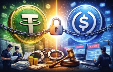 TetherとCircleによるステーブルコイン凍結対応の違いを象徴的に描いたイメージ