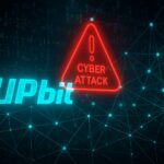 Upbitのサイバー攻撃を示す警告アイコンとネットワーク背景のデジタルイメージ