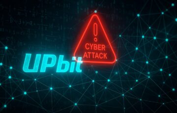Upbitのサイバー攻撃を示す警告アイコンとネットワーク背景のデジタルイメージ