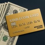 ウエスタンユニオンが構想するステーブルコイン対応プリペイドカードを象徴する金色のカードと米ドル紙幣のイメージ