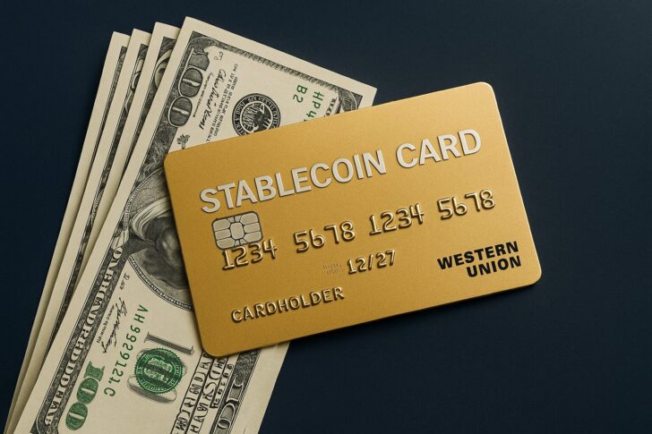 ウエスタンユニオンが構想するステーブルコイン対応プリペイドカードを象徴する金色のカードと米ドル紙幣のイメージ