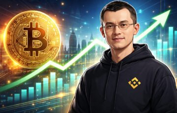 ビットコインの上昇トレンドを背景に、チャンポン・ジャオ氏がスーパーサイクル予測を語る様子を描いたイラスト