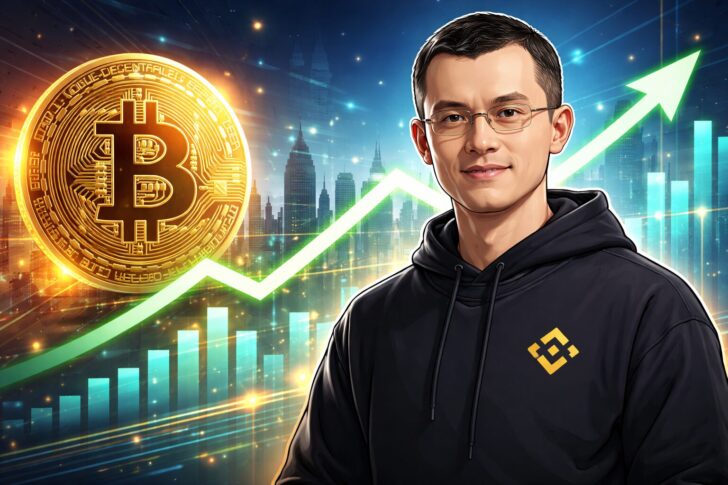 ビットコインの上昇トレンドを背景に、チャンポン・ジャオ氏がスーパーサイクル予測を語る様子を描いたイラスト