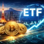 日本が2028年に向けて仮想通貨ETFを準備する様子を象徴的に描いたイメージ。東京の夜景とビットコイン、ETFの上昇グラフを表現。