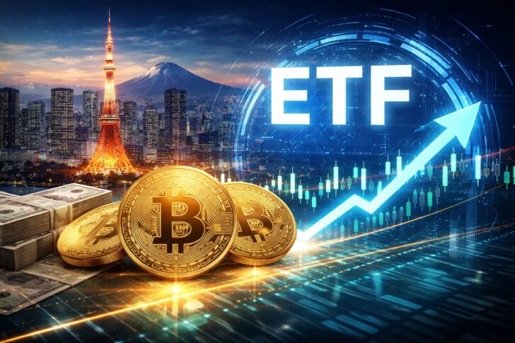 日本が2028年に向けて仮想通貨ETFを準備する様子を象徴的に描いたイメージ。東京の夜景とビットコイン、ETFの上昇グラフを表現。