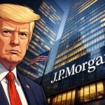 トランプ氏のイラストとJPモルガン本社ビルを描いた構図。訴訟をテーマにした視覚的イメージ。