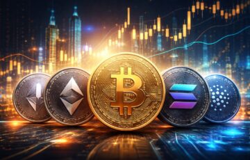 主要仮想通貨(ビットコイン・イーサリアム・XRP・ソラナ・カルダノ)のコインが並び、背景に価格チャートが映るイメージ