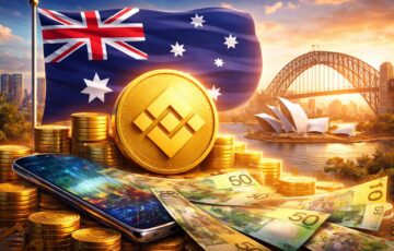 オーストラリアの国旗とシドニーの風景を背景に、Binanceのロゴコインや豪ドル紙幣を配置したイラスト。Binanceが豪ドルの入出金サービスを再開したことを象徴するビジュアル。