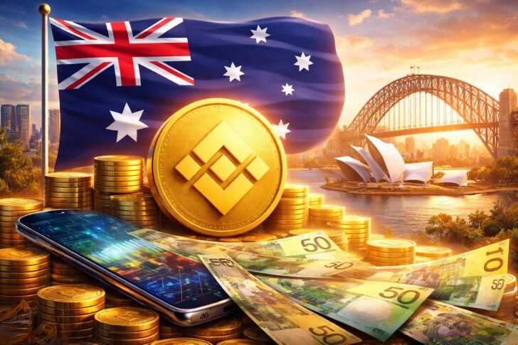 オーストラリアの国旗とシドニーの風景を背景に、Binanceのロゴコインや豪ドル紙幣を配置したイラスト。Binanceが豪ドルの入出金サービスを再開したことを象徴するビジュアル。