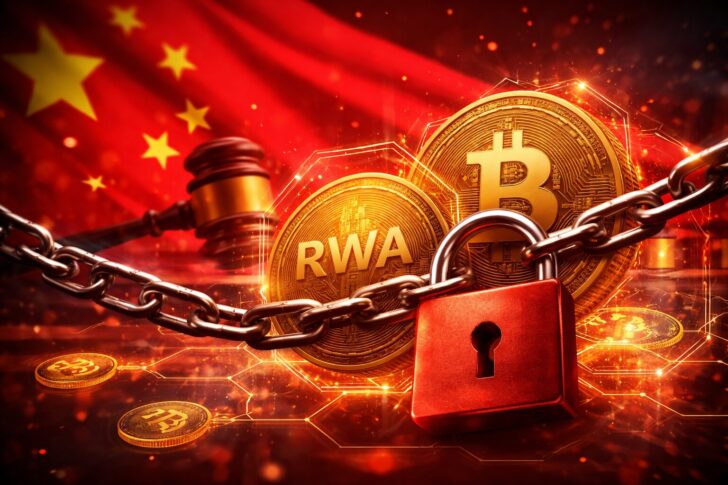 中国が実世界資産(RWA)のトークン化を違法金融として規制強化するイメージ