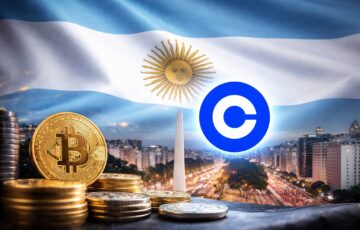 アルゼンチン国旗と暗号通貨を背景に、アルゼンチン市場でのサービスを一時停止するコインベースを象徴的に表現したイメージ