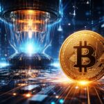 量子コンピューターとビットコインを象徴的に描いた未来的イメージ。コインベースが量子脅威に備える動きを示すビジュアル。