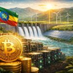 エチオピアの再生可能エネルギーを背景に、ビットコインマイニング施設とエチオピア国旗を描いたイラスト