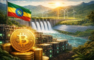 エチオピアの再生可能エネルギーを背景に、ビットコインマイニング施設とエチオピア国旗を描いたイラスト