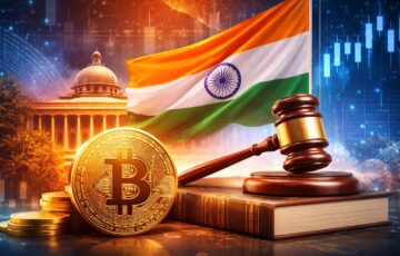 インドでマネーロンダリング対策の下、仮想通貨取引所を監督する当局とビットコインを象徴的に描いたイメージ