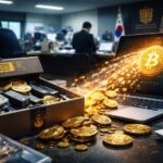 韓国の検察庁内で、押収されたビットコインが証拠箱から流出する様子を象徴的に描いたイメージ。