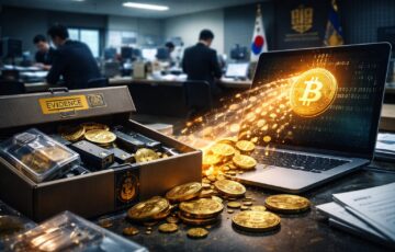 韓国の検察庁内で、押収されたビットコインが証拠箱から流出する様子を象徴的に描いたイメージ。