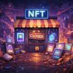 老舗NFTプラットフォームの閉店を象徴するアニメ調イラスト。NFTの看板が掲げられた店が「CLOSED」になり、周囲にデジタルアート風NFTが散らばっている情景。