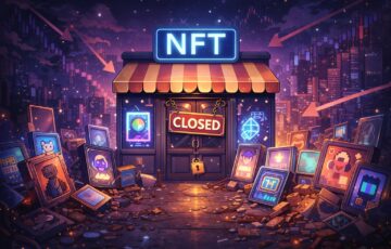 老舗NFTプラットフォームの閉店を象徴するアニメ調イラスト。NFTの看板が掲げられた店が「CLOSED」になり、周囲にデジタルアート風NFTが散らばっている情景。
