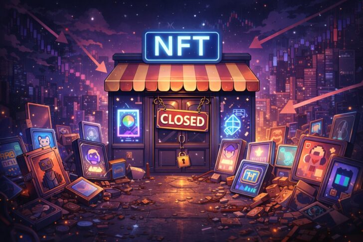 老舗NFTプラットフォームの閉店を象徴するアニメ調イラスト。NFTの看板が掲げられた店が「CLOSED」になり、周囲にデジタルアート風NFTが散らばっている情景。