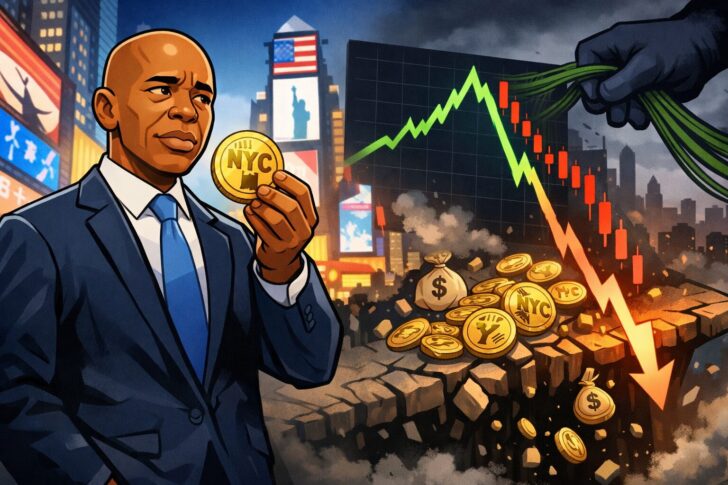 元ニューヨーク市長エリック・アダムス氏が発表したNYCトークンの急騰と急落を象徴するイラスト