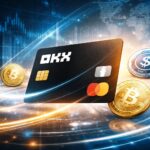 欧州で導入されるOKXステーブルコイン決済カードをイメージした抽象的なデジタルアート。暗号資産決済インフラの拡大を象徴するビジュアル。