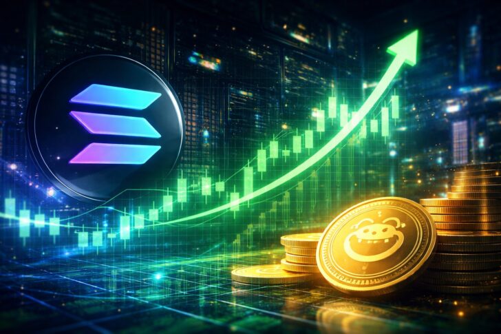 Pumpfunの投資部門設立とPUMP価格上昇を象徴する、Solanaロゴと上昇チャートを示したデジタルアート