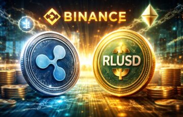 Binanceに上場したリップルのステーブルコインRLUSDとXRPを象徴的に描いたデジタルイラスト。