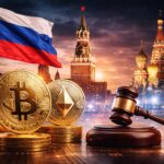 ロシアが2027年に導入する仮想通貨取引所ライセンス制度を象徴する画像。クレムリンの背景にビットコインやイーサリアム、規制を示すハンマーが描かれている。