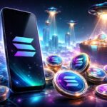 Solana MobileのSeekerスマホとSKRトークンを描いたエアドロップ用イラスト