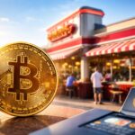 ビットコイン決済を導入するステーキ＆シェイク店舗とビットコインを象徴的に表したイメージ