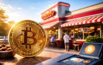ビットコイン決済を導入するステーキ＆シェイク店舗とビットコインを象徴的に表したイメージ