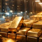 金に裏付けられたトークンXAU₮のオンチェーン取引を象徴する金塊とブロックチェーンのイメージ