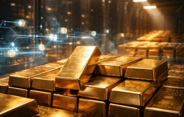 金に裏付けられたトークンXAU₮のオンチェーン取引を象徴する金塊とブロックチェーンのイメージ