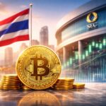 タイ証券取引委員会の建物とタイ国旗を背景にしたビットコインのシンプルなイメージ
