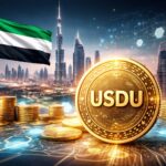 UAEの都市景観と国旗を背景に、中央銀行承認ステーブルコインUSDUを象徴する金色コインを描いたイラスト