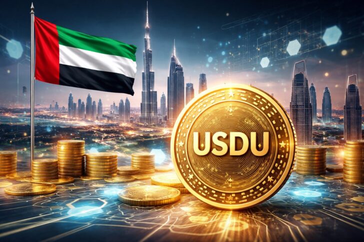 UAEの都市景観と国旗を背景に、中央銀行承認ステーブルコインUSDUを象徴する金色コインを描いたイラスト