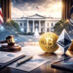 ホワイトハウスを背景に、ビットコインやイーサリアムの象徴とガベルを配置し、ステーブルコイン規制議論を表現した抽象イメージ。
