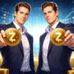 ウィンクルボス兄弟がZcashコインを掲げるイラスト。Shielded Labsへの寄付とZcash支援を象徴する構図。