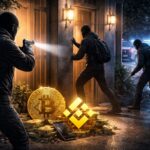 武装した覆面の男たちが住宅に侵入を試みる様子を描いたイメージと、仮想通貨を象徴するコインのビジュアル