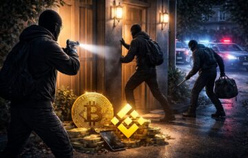 武装した覆面の男たちが住宅に侵入を試みる様子を描いたイメージと、仮想通貨を象徴するコインのビジュアル