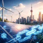 中国の都市風景と風力発電、太陽光パネルを背景にブロックチェーンを象徴するデジタルチェーンが描かれたイメージ